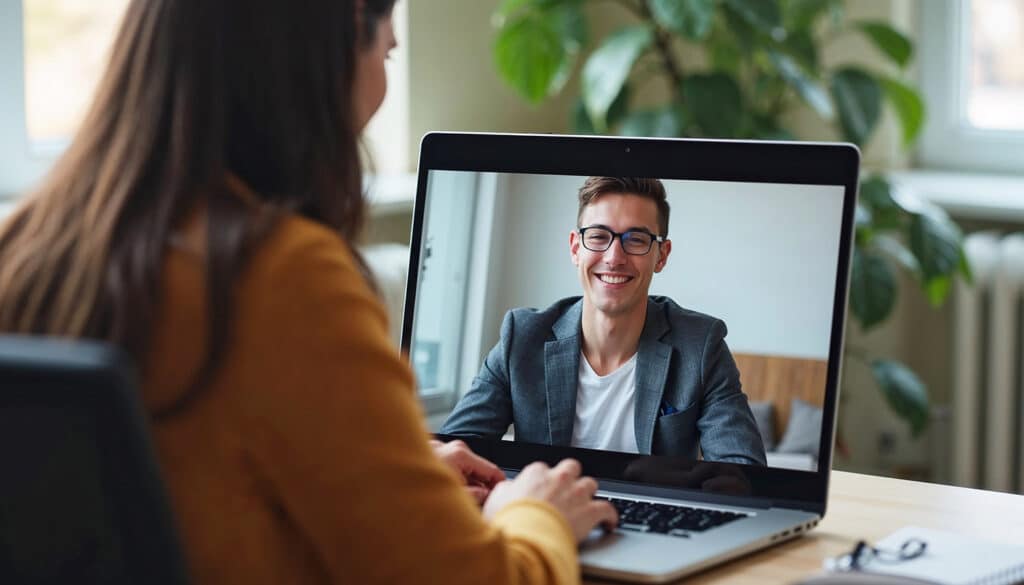 Young woman has job candidate on a video call.